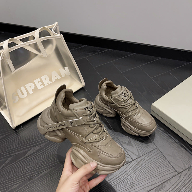 2025 Trendy dad shoes women's 2022 early autumn new Popularan station leather thick-soled versatile small feet color matching casual shoes