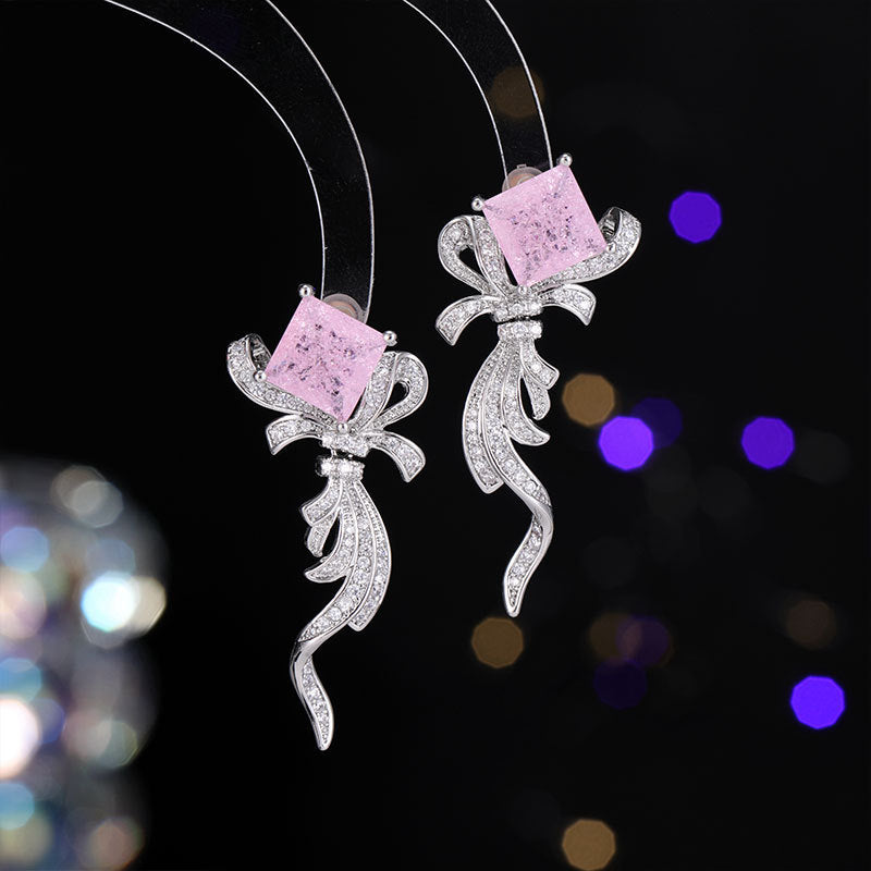 2025 New 2025 New temperament bow earrings women's ice zirconium sugar cube sweet earrings light luxury S925 silver needle earrings