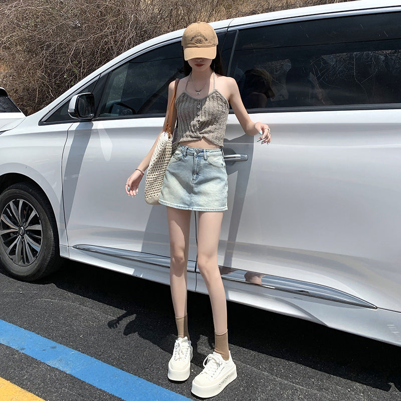2025 Light-colored denim skirt women's summer popular new high-waisted and thin rear bag embroidered a-word versatile miniskirt