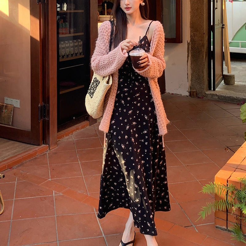 2025 Spring New Vintage High Waist Suspender Dress Sub-print Pure Desire Vacation Dress Women 88173