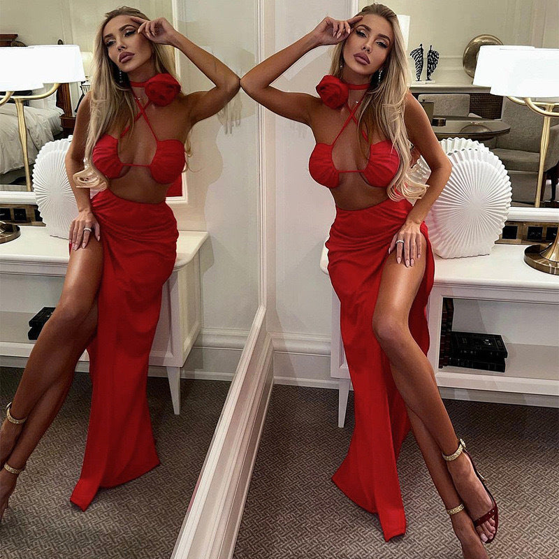 BENPAOLV 2025 Hot trade women's clothing popular spring new tether chest wrap solid color two-piece set sexy split skirt set women