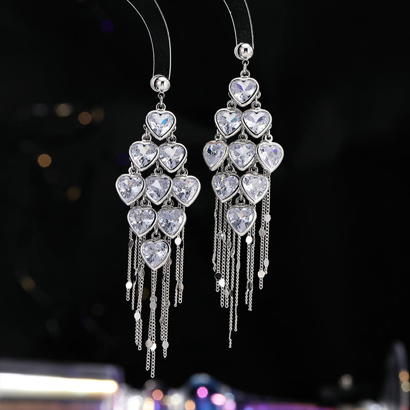 2025 2025 light luxury fashion high-end earrings super flash zircon sweet earrings temperament long love fringed earrings women