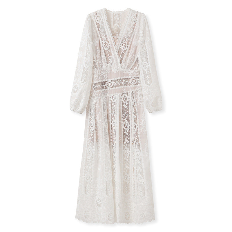 high-end embroidery design high-end romantic dress 2025 new V-neck sexy splicing dress N3059