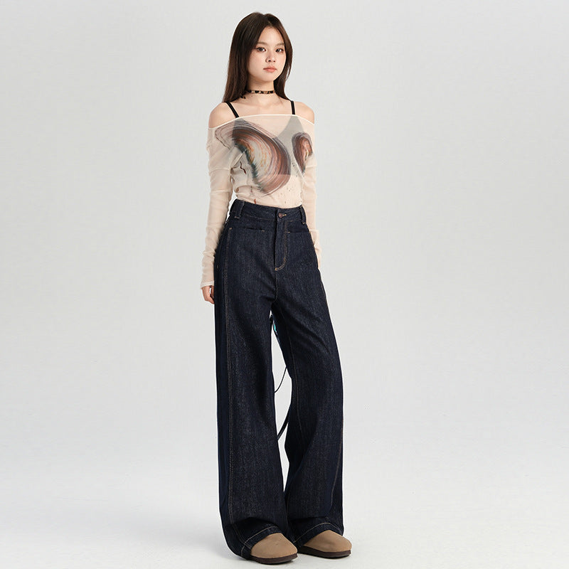 2025 Denim primary color jeans women's retro dark wide-leg pants popular autumn high waist loose and thin loose floor pants