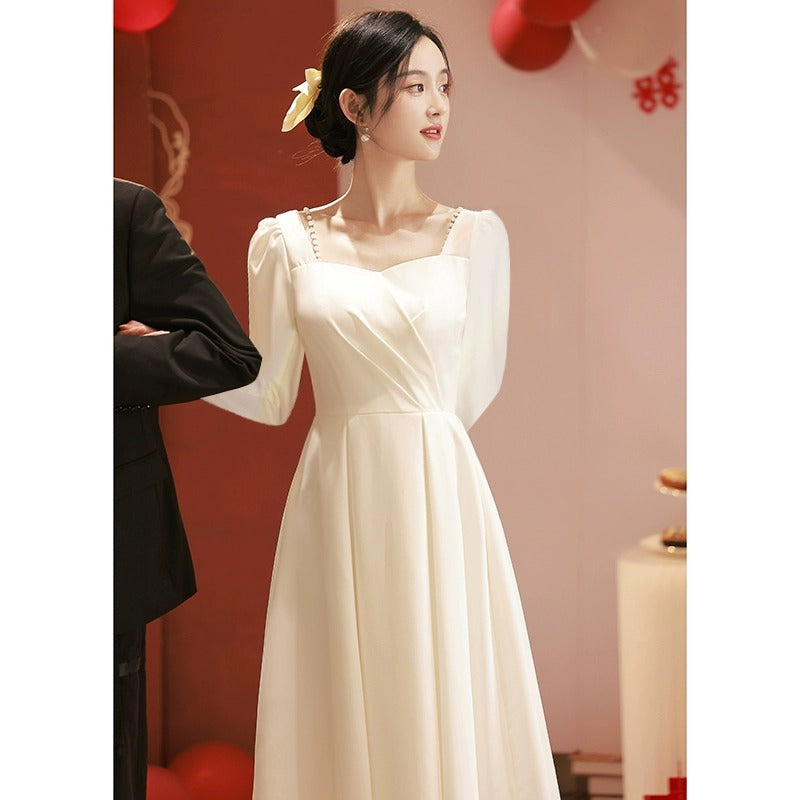 2025 Small white evening dress, usually worn in spring, get a certificate to register, small white dress, toasting dress, female bride engagement dress