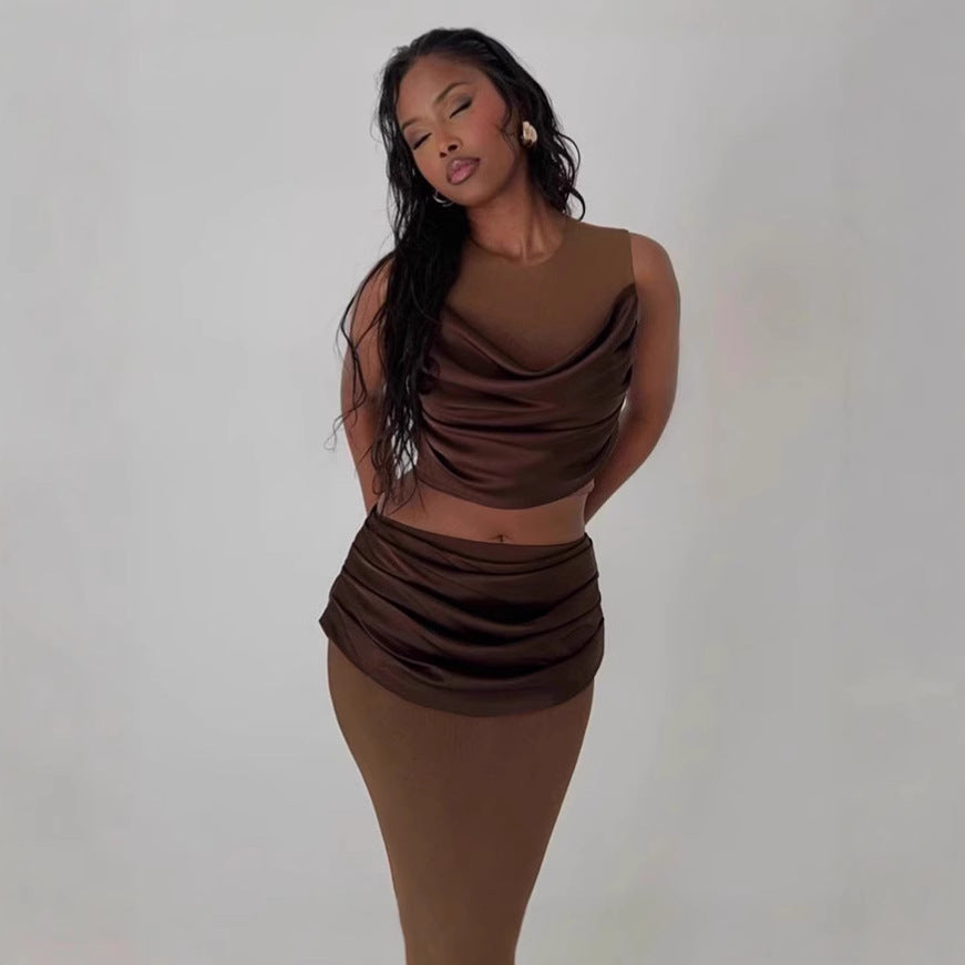BENPAOLV 2025 popular new autumn and winter women's clothing personalized contrasting colors round neck sleeveless vest sexy hip skirt suit women