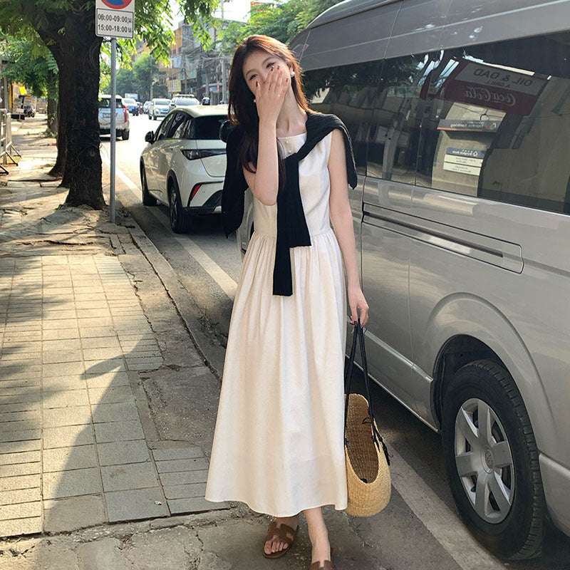 2025 spring new Korean version high waist elegant vest dress square collar solid color pure desire skirt 88168