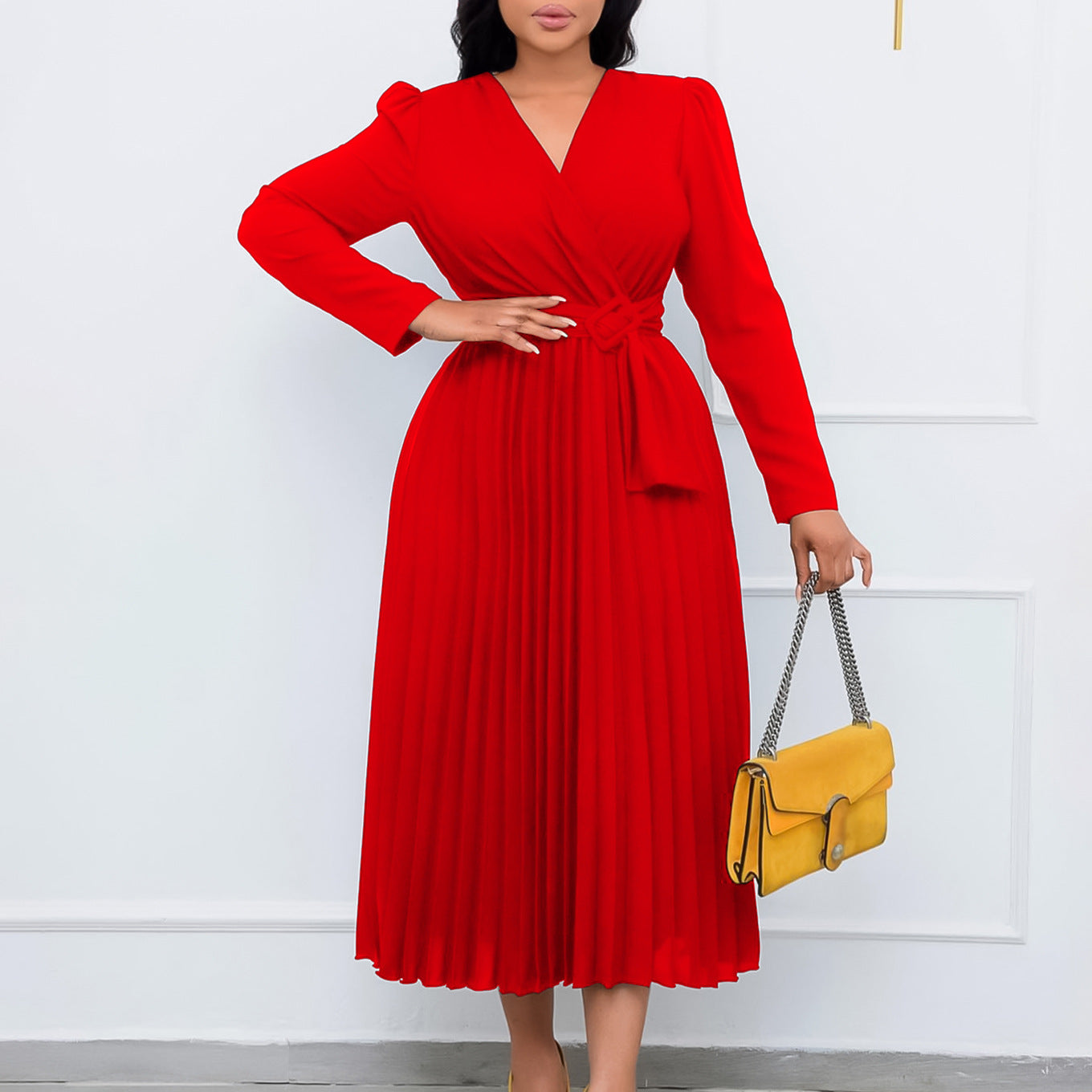 BENPAOLV D419 2025 women's clothing new long-sleeved lace-up solid color V-neck slim-fitting pleated large-size African dress