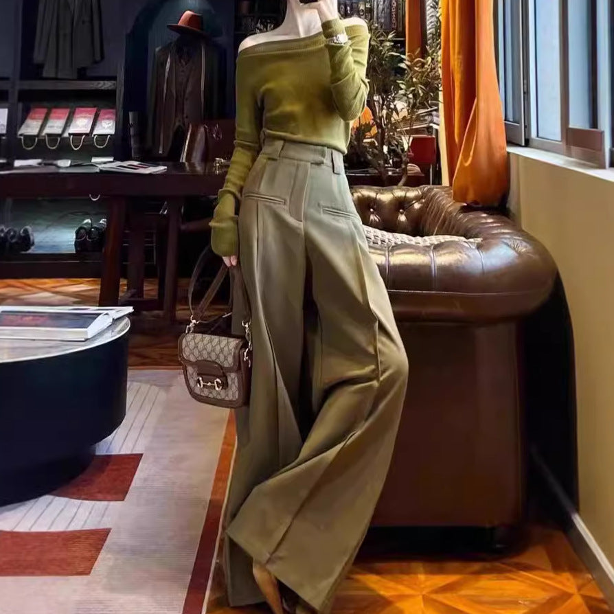 2025 Spot wide-leg pants autumn new women's clothing one-word shoulder long-sleeved knitted top wear two-piece suit