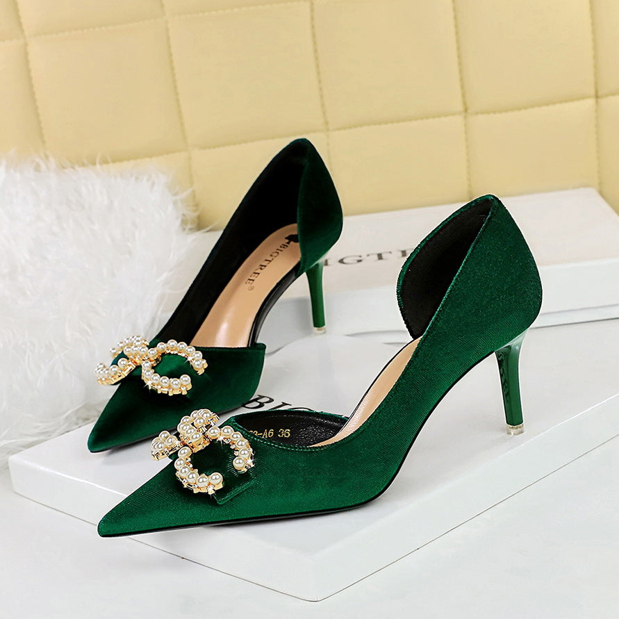 2025 1363-AK79 banquet women's shoes high heel suede shallow mouth pointed side hollow rhinestone buckle pearl bow single shoes