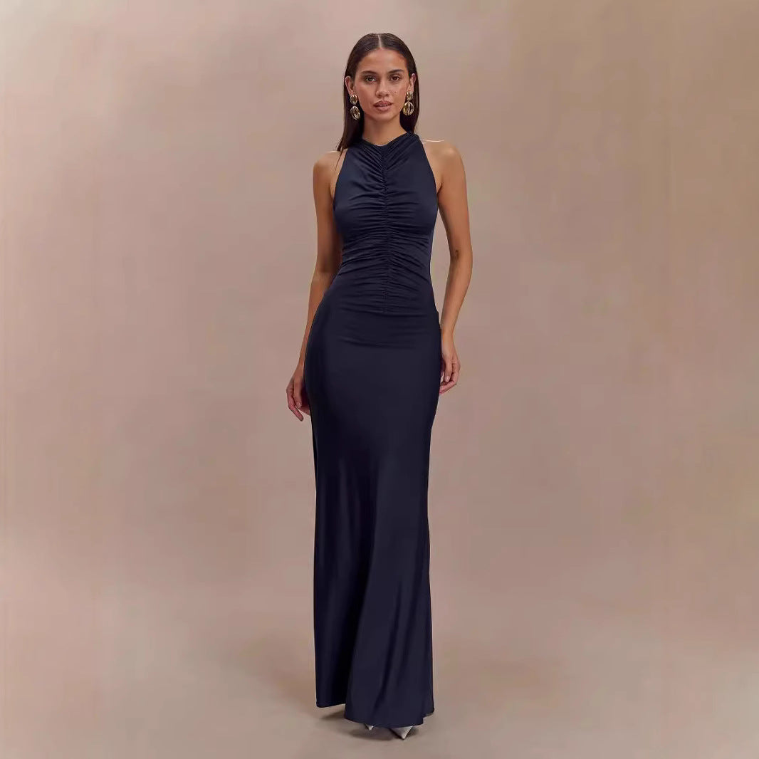 BENPAOLV 2025 Women's New style fashion autumn and winter new sleeveless pleated temperament solid color hip-wrapped long dress women