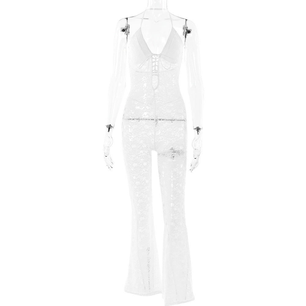 2025 New spring new sexy fashion hollow lace perspective backless neck slim jumpsuit women's summer