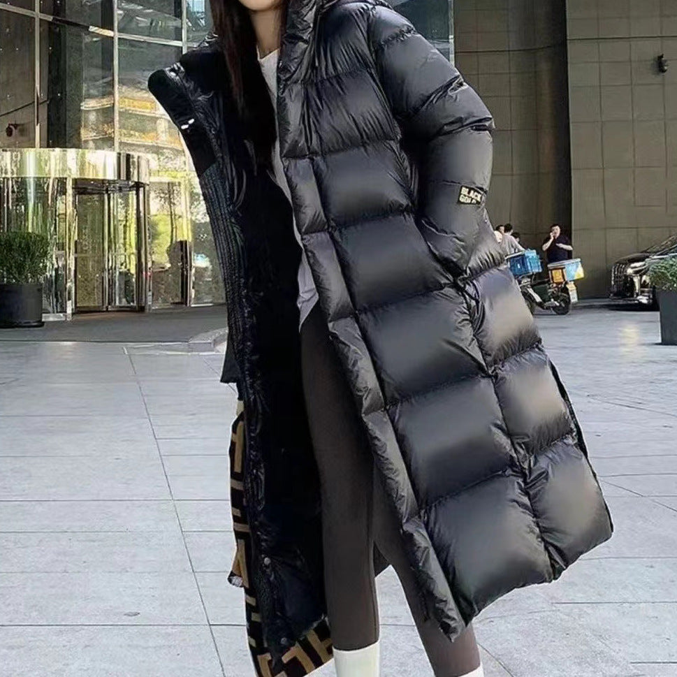 2025 Clearance black long thickened down cotton jacket women's popular hooded autumn and winter new long over knee loose down jacket