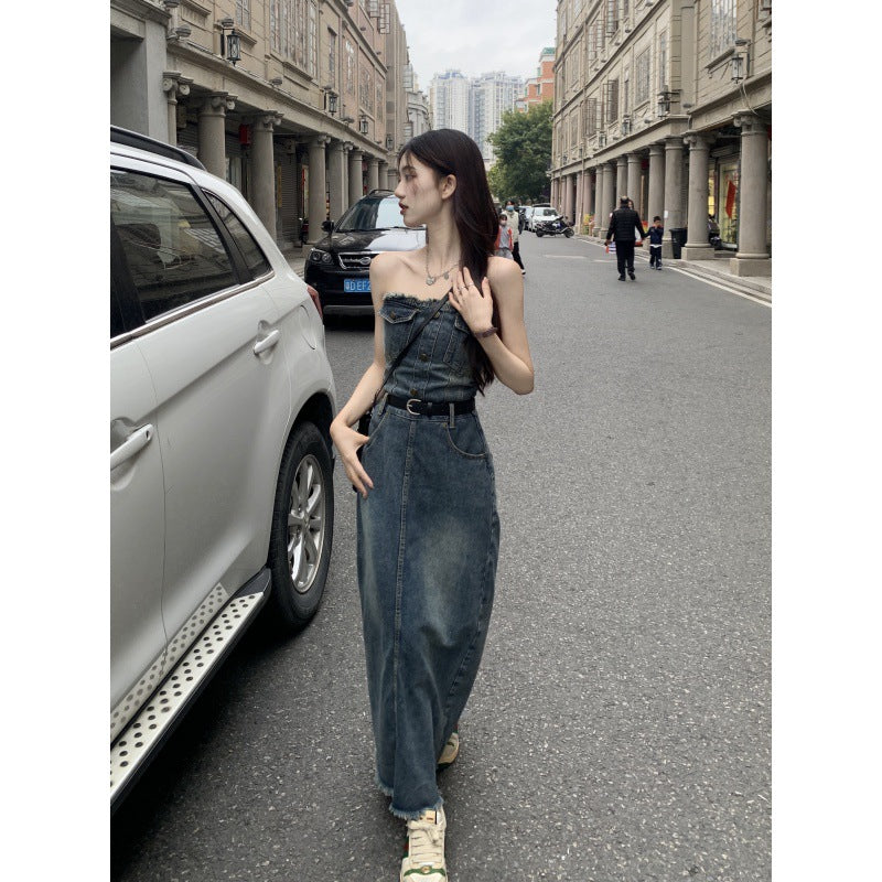 2025 Retro Hong Kong style tube top suspender denim dress women's summer niche design Spice girl medium and long waist long skirt