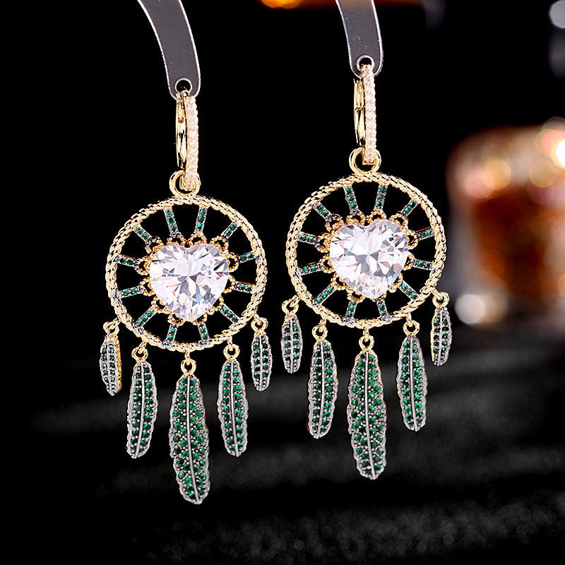 2025 Dongdaemun Premium Sense Heavy Industry Earrings Women's Cold Wind Earrings Love Zircon Inlaid Retro Feather Fringed Ear Buckle