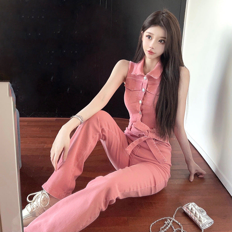 Denim jumpsuit women's 2025 summer dress new fashion retro Spice Girl design sense strap lapel sleeveless waist pants