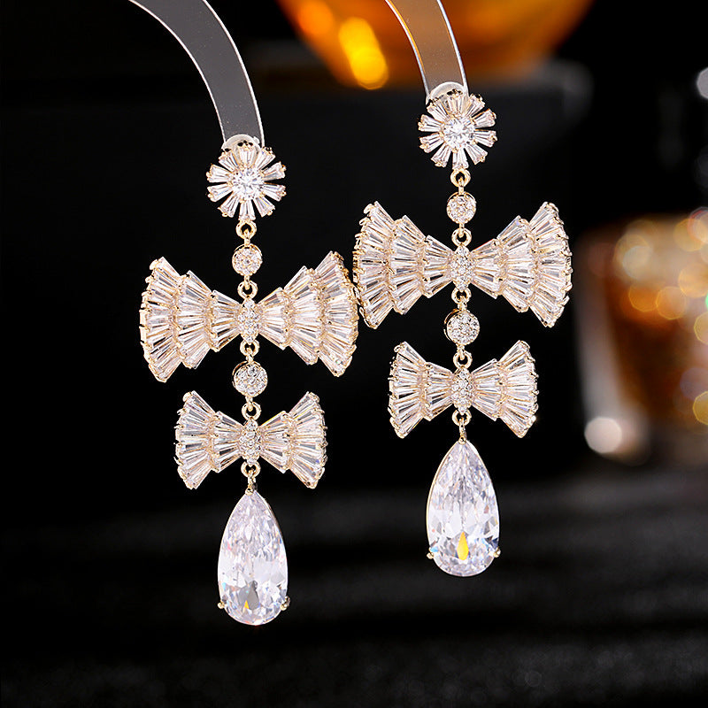 2025 S925 silver needle super flash zircon earrings light luxury exaggerated long high-end earrings bow water drop earrings wholesale