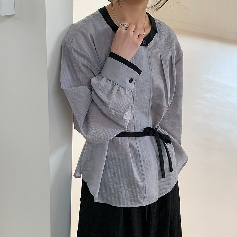 Cotton cocoon, simple contrasting color lace-up neck chiffon lantern sleeve shirt loose versatile and thin lazy style top