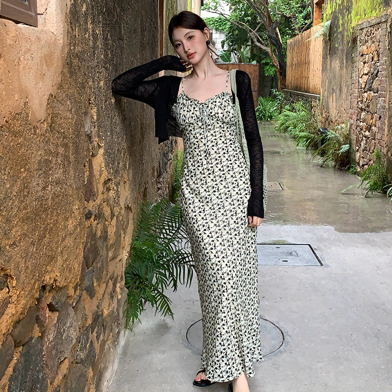 2025 spring and summer new Korean version high waist suspender dress printed pure desire vacation skirt women 88078