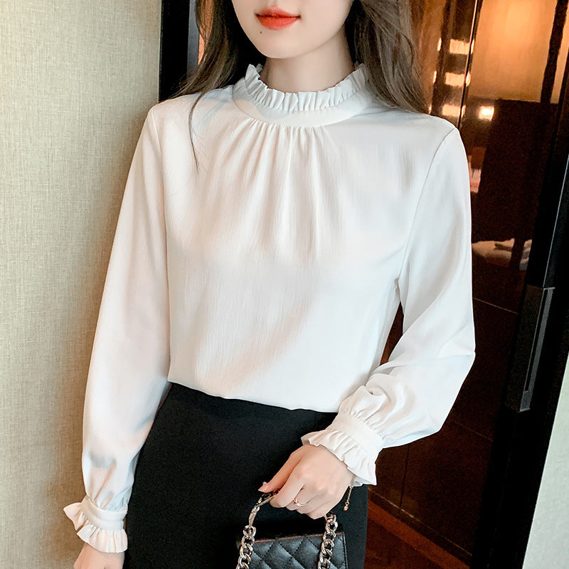 White shirt women's 2025 spring and autumn clothes, new OL commuter fungus edge stacked wear long-sleeved chiffon shirt top tide