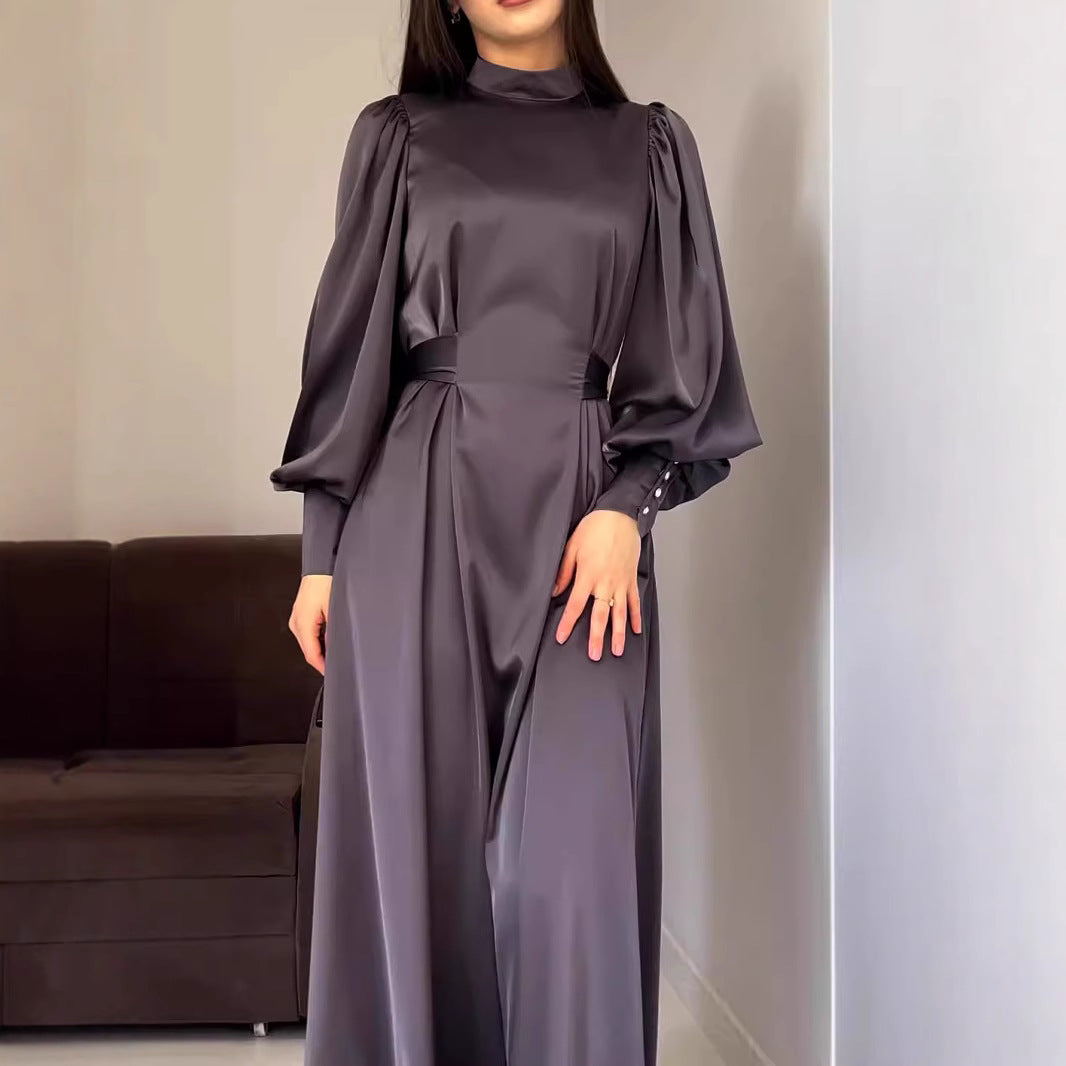2025 popular autumn and winter new waist solid color long sleeve slim belt retro elegant dress