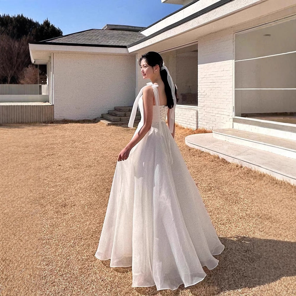 2025 Suspender light wedding dress dream organza going out yarn simple travel shooting white gauze skirt outdoor wedding main yarn collar dress