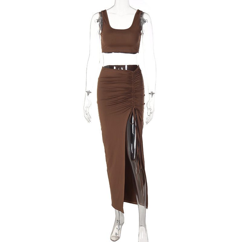 BENPAOLV 2025 style New summer and autumn U-neck tube top slim-fitting split-ended long dress fashion and leisure two-piece set