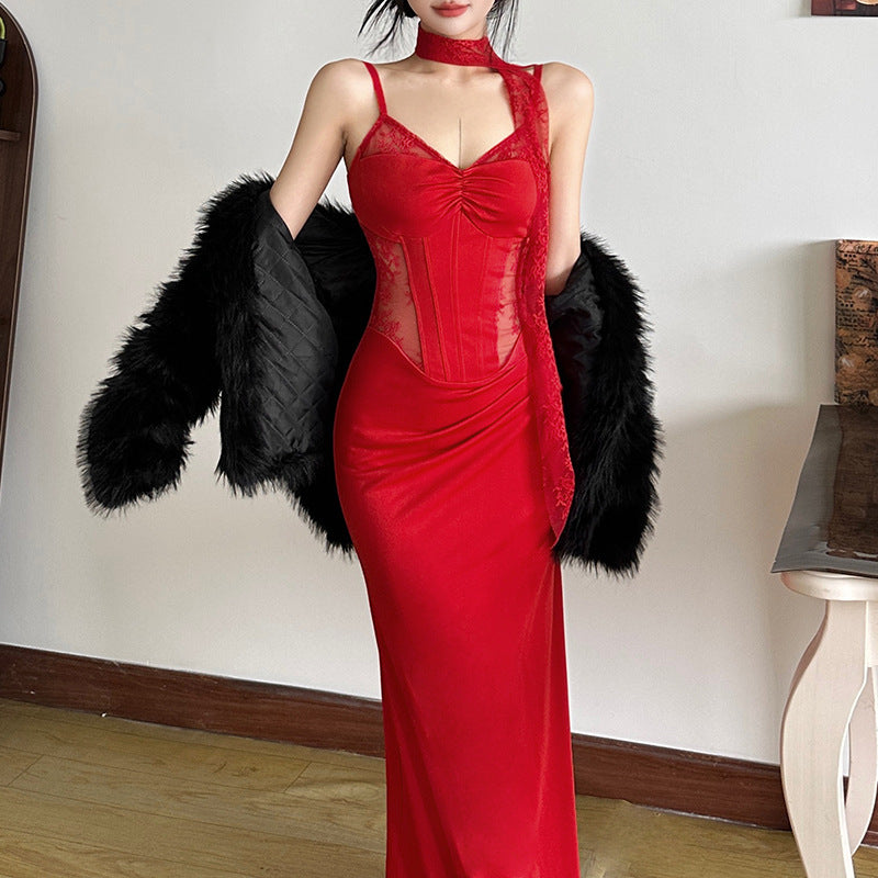 2025 style 2025 spring new women's clothing lace hollow sexy pure desire neck sling long dress dress
