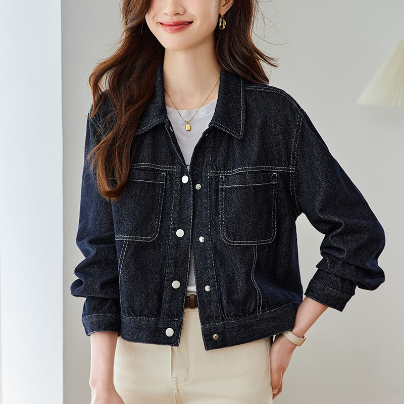 direct sales denim short jacket women's long sleeves spring and autumn clothing new small man stacked wear front shoulder lapel top