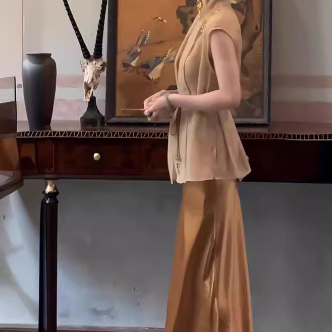 2025 popular popular beautiful new Chinese style gold sunscreen tulle shirt acetic acid suspender skirt two-piece suit women's summer