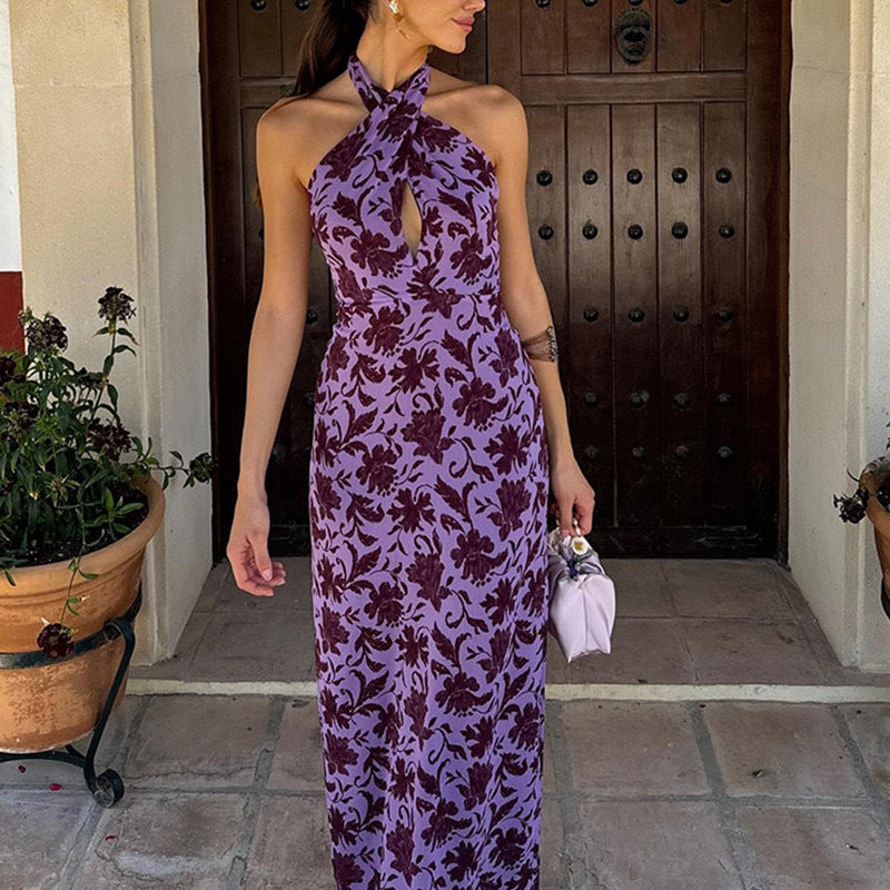 BENPAOLV 2025 popular summer new New women's clothing neck off-the-shoulder printing backless back split-ended dress women