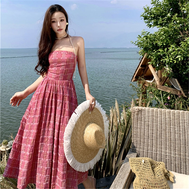 2025 temperament rose pink plaid sleeveless sling tube top dress retro waist vacation style long skirt women's summer