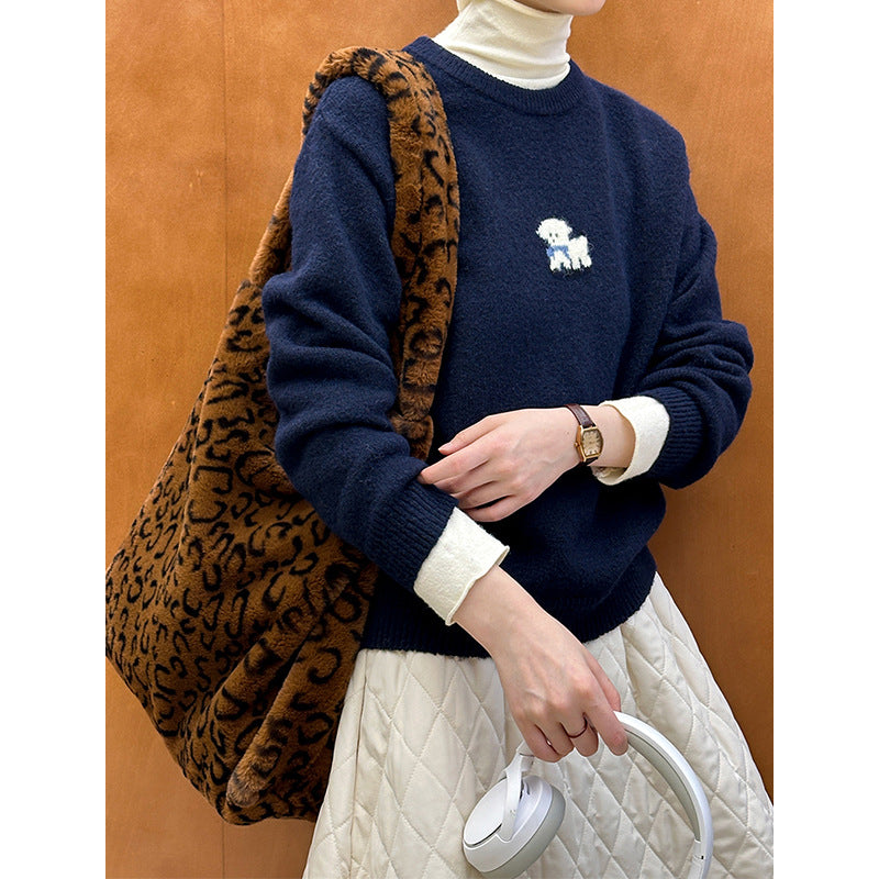 2025 popular autumn and winter new Korean version cartoon puppy age-reducing round neck pullover warm knitted sweater 031-1