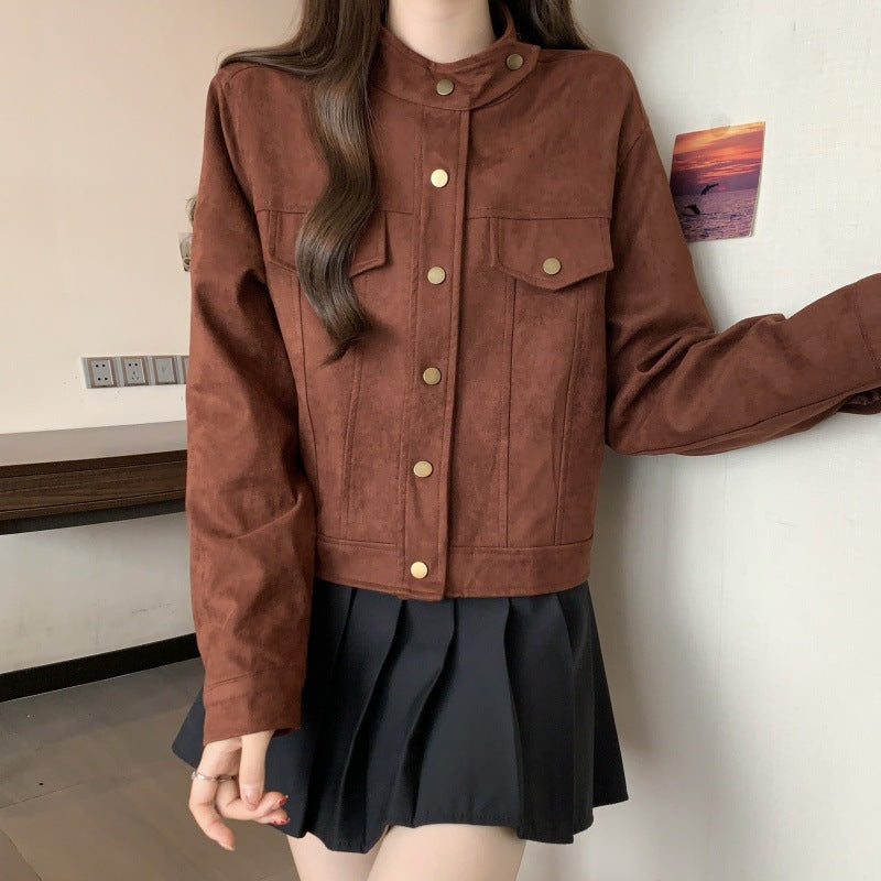 Large size 2025 spring clothing new Korean version design sense deerskin velvet loose and thin short long-sleeved jacket jacket women