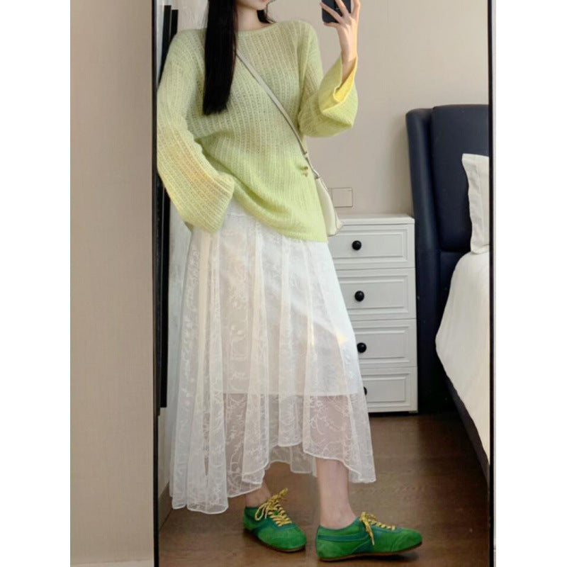 gentle wind hollow crochet knitted blouse women's 2025 spring heavy industry lace high waist skirt set