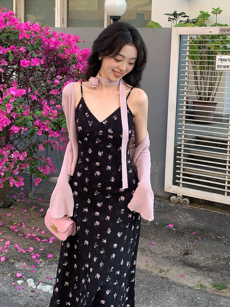 2025 Spring New Vintage High Waist Suspender Dress Sub-print Pure Desire Vacation Dress Women 88201