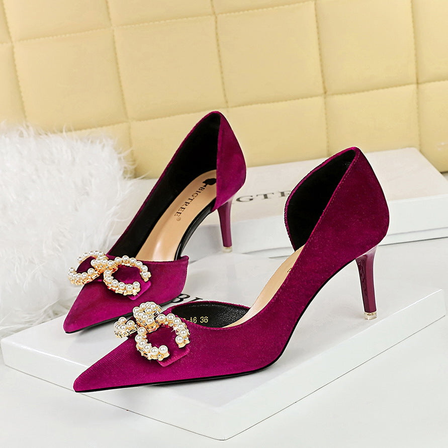 2025 1363-AK79 banquet women's shoes high heel suede shallow mouth pointed side hollow rhinestone buckle pearl bow single shoes