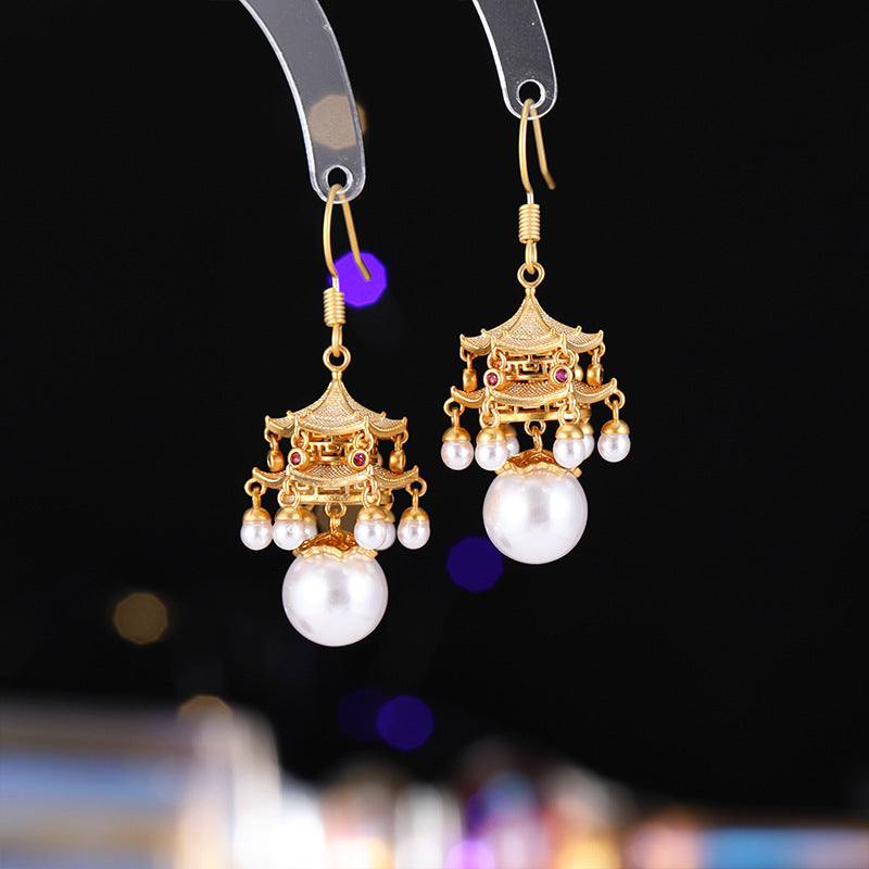 2025 New high-end agate pearl fringed antique earrings New Chinese high-end pavilion palace lamp court style earrings