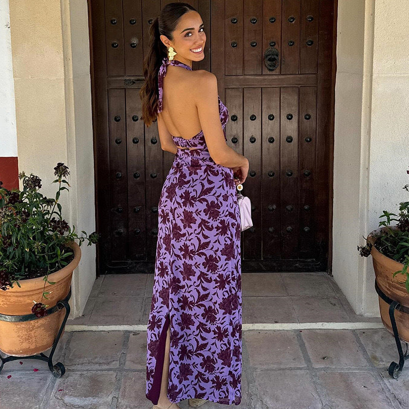 BENPAOLV 2025 popular summer new New women's clothing neck off-the-shoulder printing backless back split-ended dress women
