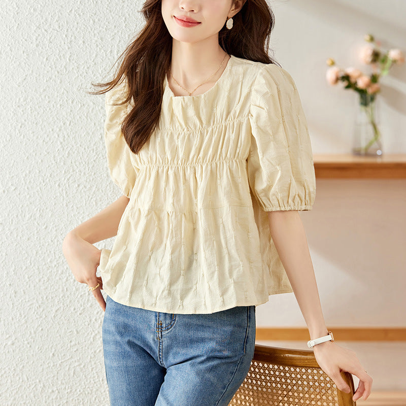 Cotton cocoon, apricot short-sleeved shirt women's clothing summer new design sense niche loose crew neck top shirt