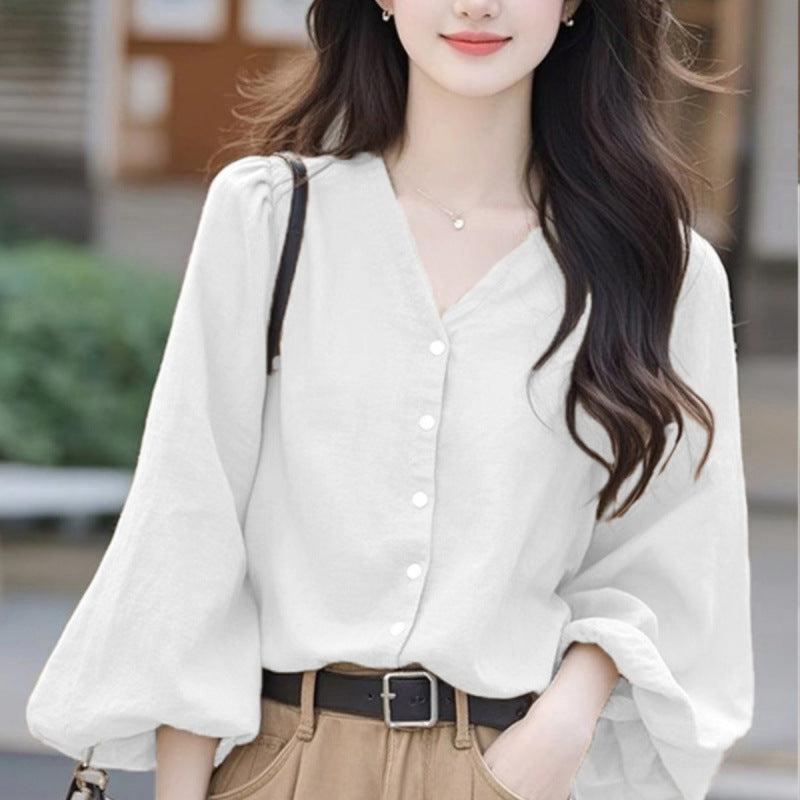 White collar lantern sleeve top women's clothing 2025 new early spring Popular style high-end wear chic lining