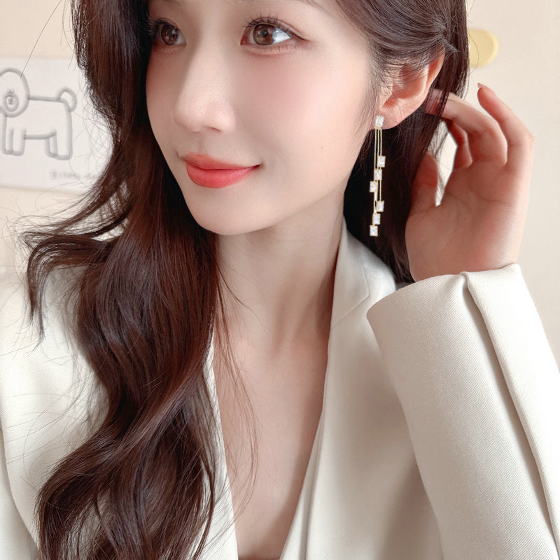 2025 Korean version of temperament fashion earrings women's fringed long geometric zircon earrings earrings s925 silver needle ear jewelry wholesale