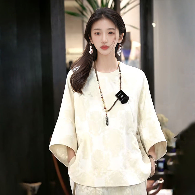 2025 early spring new Chinese style texture fashion design loose silk top skirt suit women N3016