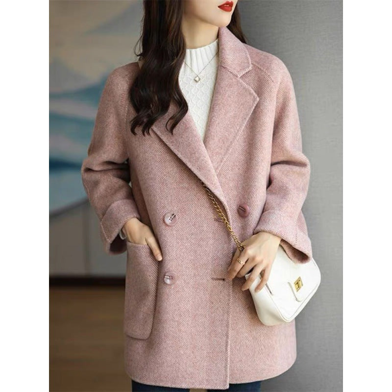 High-end handmade herringbone woolen coat for women 2025 autumn and winter medium-length small wool double-sided woolen coat loose
