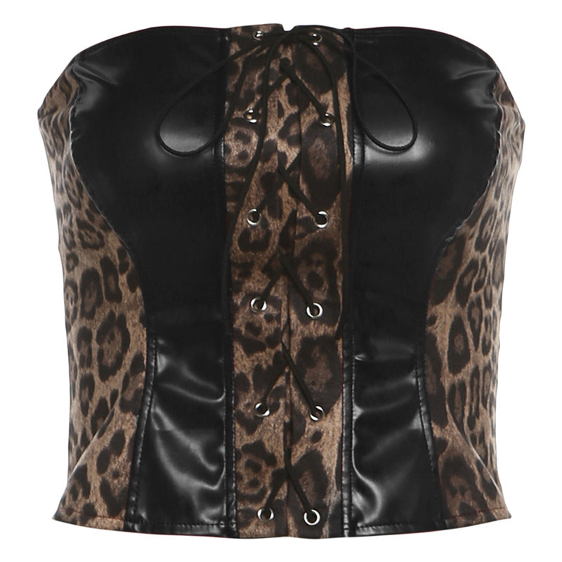 2025 style popular autumn new women's clothing leopard print tight chest slim top waist hip skirt