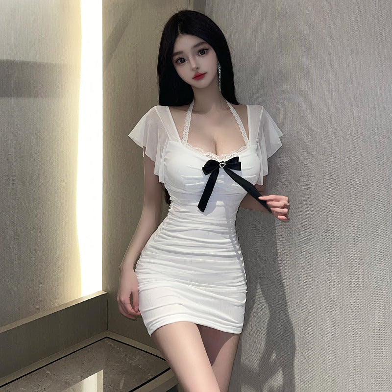 Nightclub women's clothing 2025 new sexy Spice Girls pure desire style design sense mesh slim fold neck hip wrap skirt
