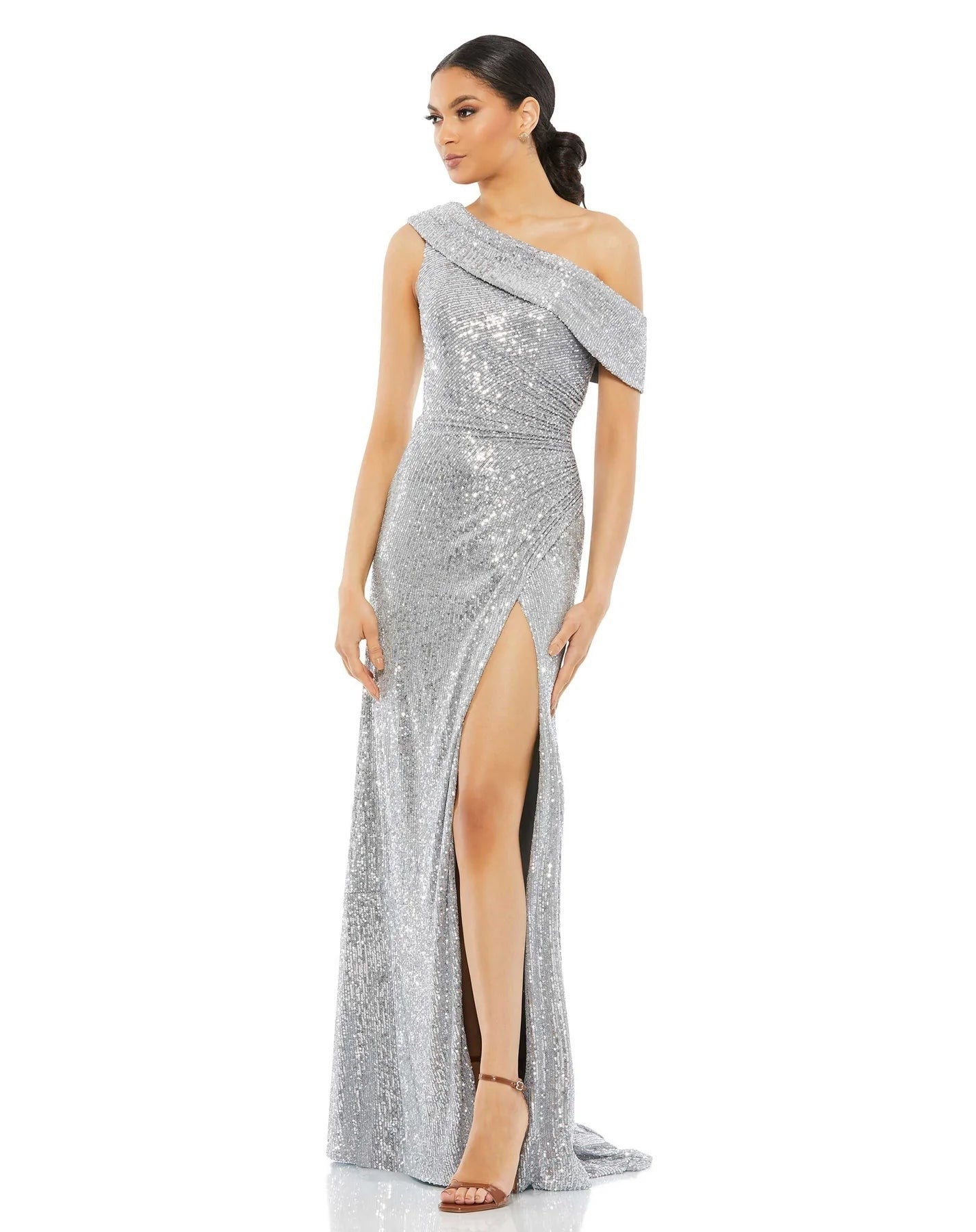 2025 popular hot-selling summer fashion sequins temperament diagonal collar high split celebrity dress dress (4 colors)