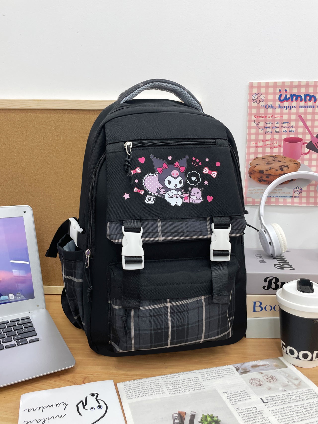 Printed Sanrio Schoolbag Large-Capacity Backpack Plaid Color Matching Backpack Medium and Large Student Campus Backpack Primary School Students