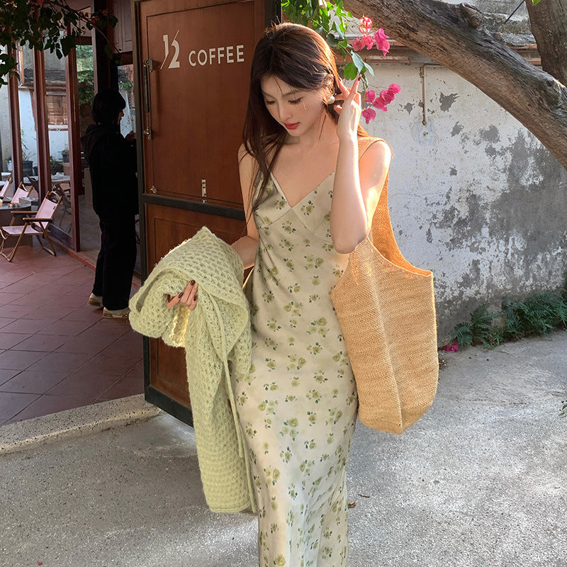 2025 Spring New Vintage High Waist Suspender Dress Sub-print Pure Desire Vacation Dress Women 88178