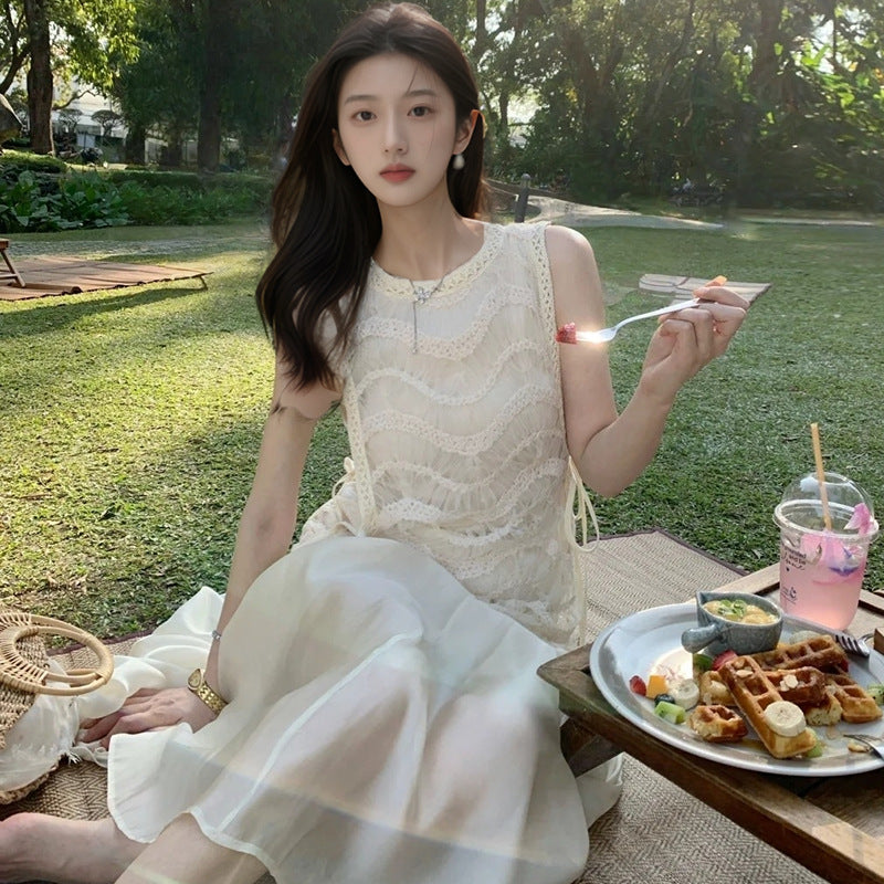 2025 summer heavy industry mesh splicing vest dress new high-end light luxury long dress women N3019